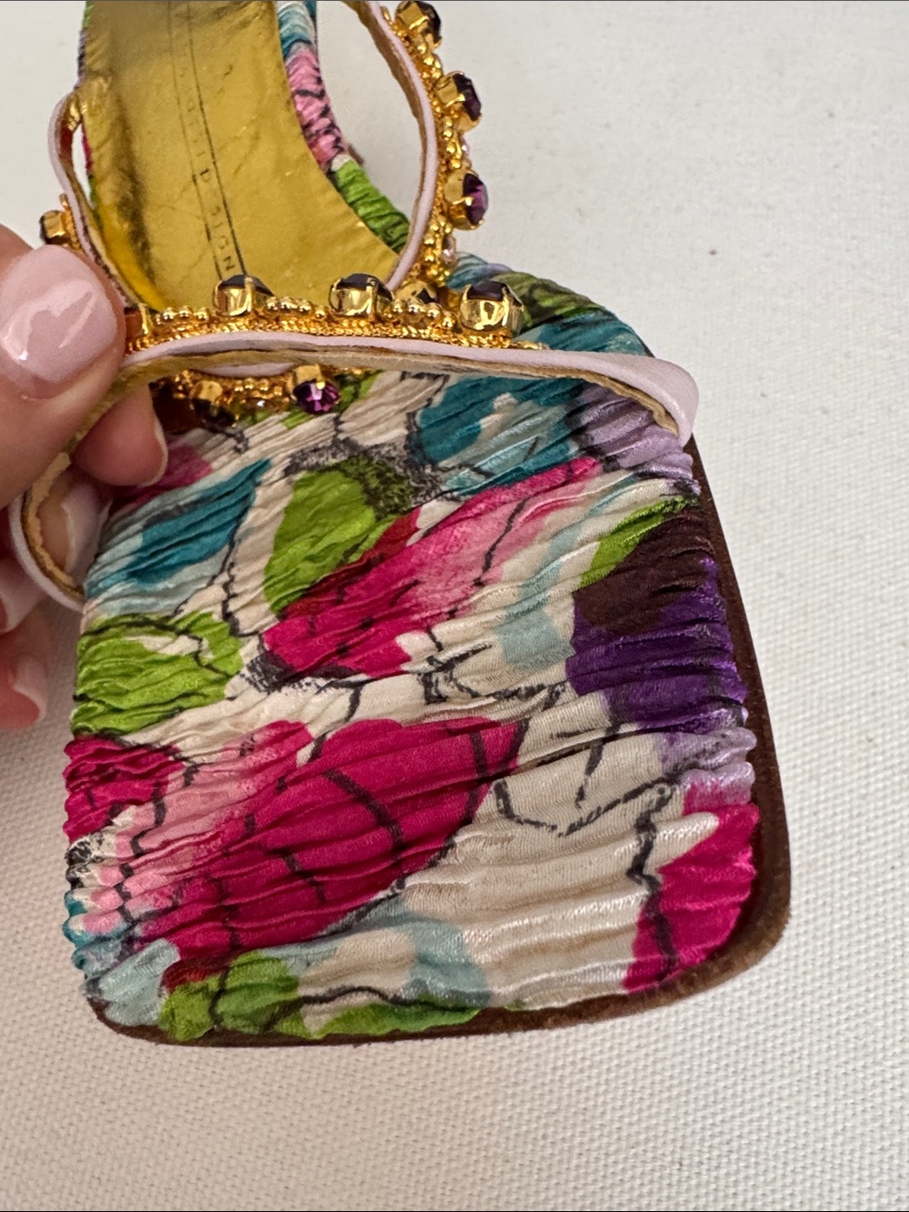 VTG Giuseppe Zanotti Y2K Archival Crystal Floral Crinkle Leather Sandals - Picture 7 of 11